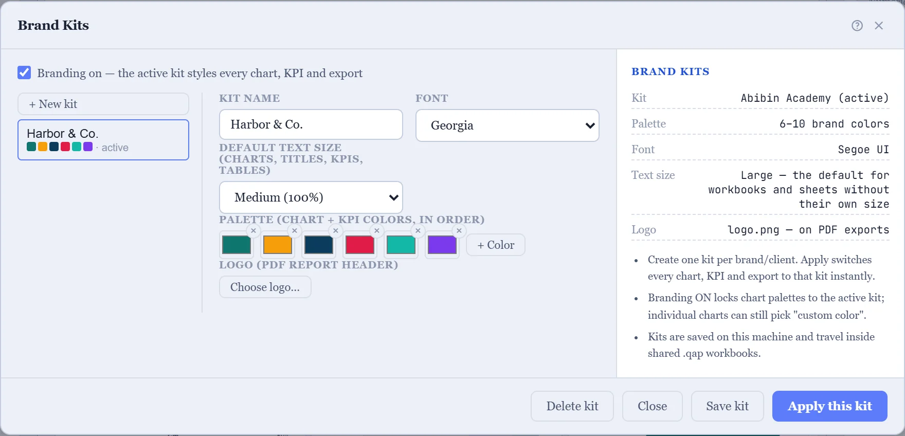 Brand Kits editor — name, font and palette